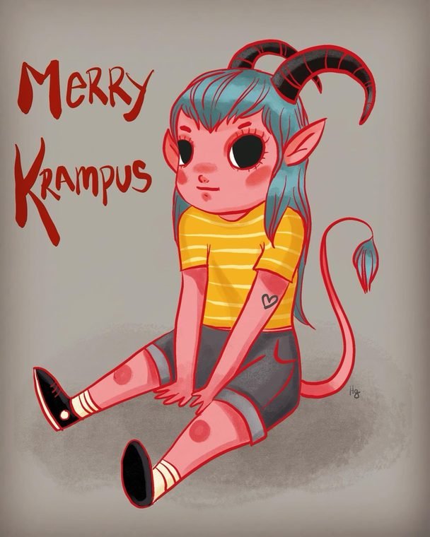 Little Krampus girl with horns and a tail, by Helena Garcia
