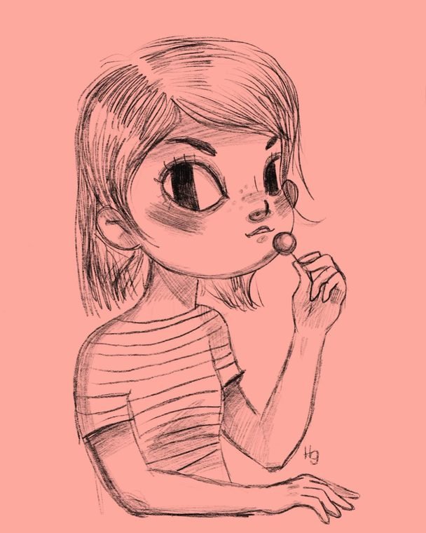 Pencil sketch of a girl with a lollipop, by Helena Garcia