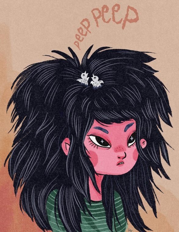 Girl with two baby birds nesting in her hair, by Helena Garcia