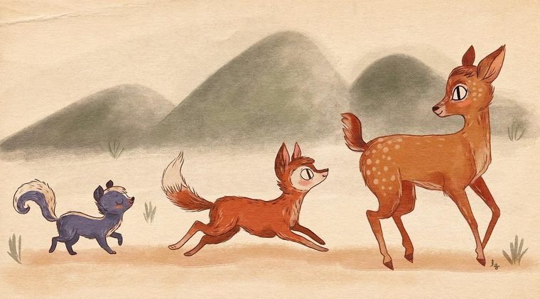 Skunk, fox and fawn walking in a line, by Helena Garcia