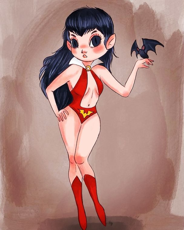 Vampirella with a small bat, fan art by Helena Garcia
